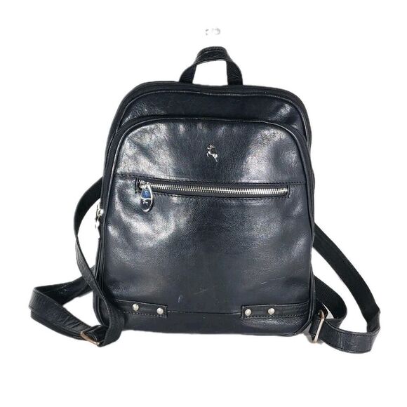 Ashwood Black Glazed Leather Medium Multi Compartments Purse Handbag Backpack - Picture 1 of 16